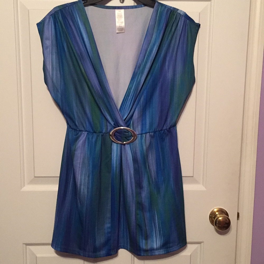 Avon blue & green silky v-neck tunic
